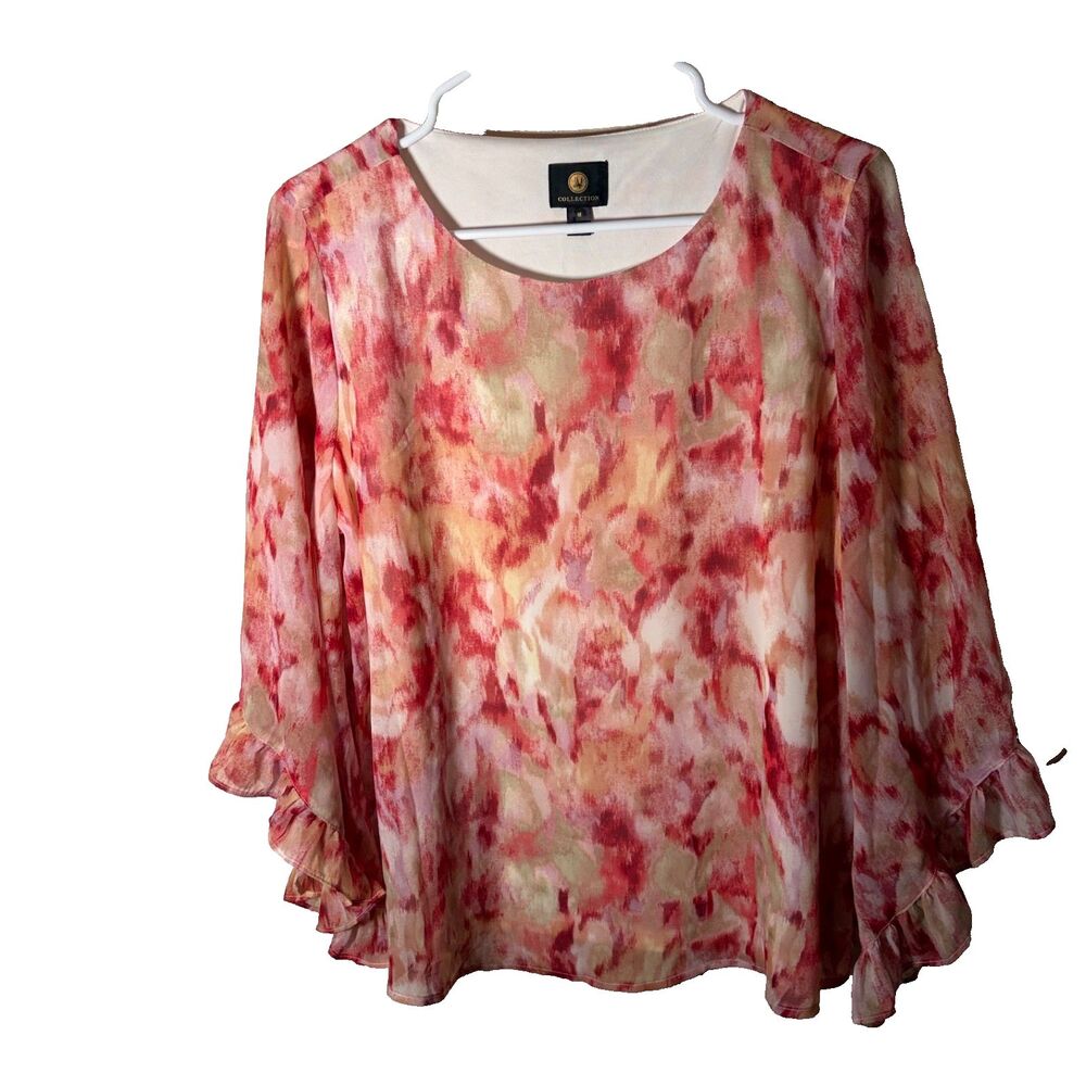JM Collection Blouse Women's Medium Pink Floral Lined 3/4 Sleeve Ruffle Casual